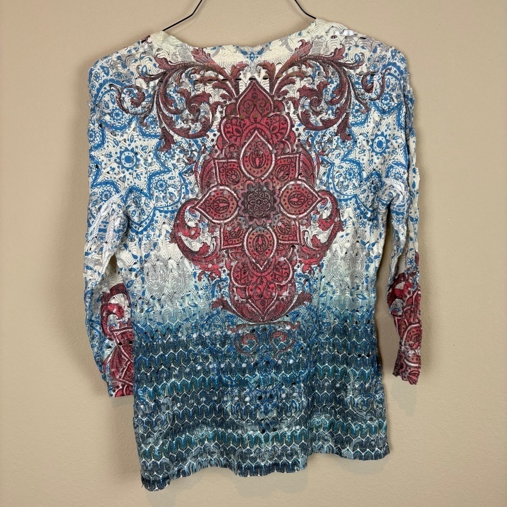 Wrangler Blue/Red/Cream Lightweight Knitted V-Neck Long Sleeve Shirt; Size M - Picture 6 of 8